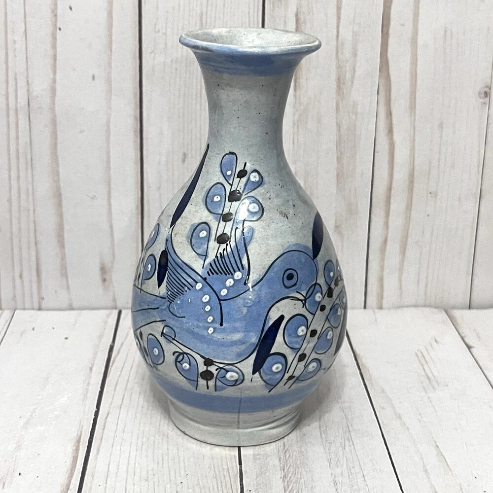Vintage Mexican Tonala Pottery Blue Bird Floral Vase Signed Folk Art 7”
